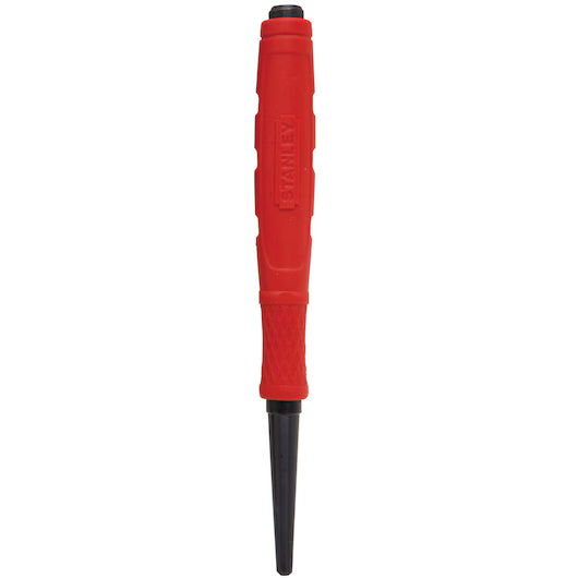 The STANLEY 3/32 IN TIP CUSHION GRIP NAIL SET features a comfortable cushion grip and a pointed tip—perfect for marking materials during woodworking projects.